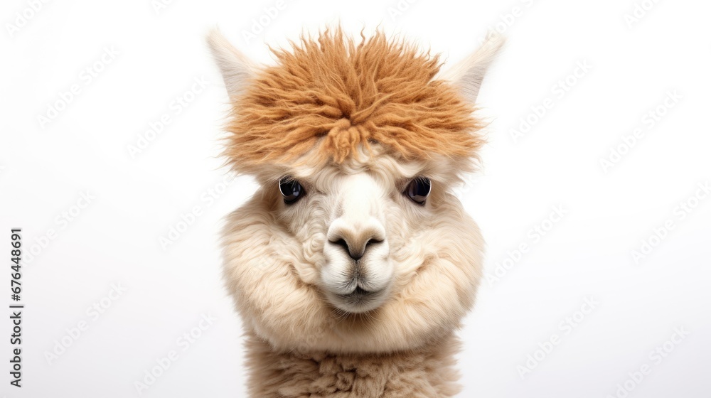 Poster a close up of a llama's face with a fuzzy hairdow on it's head. generative ai