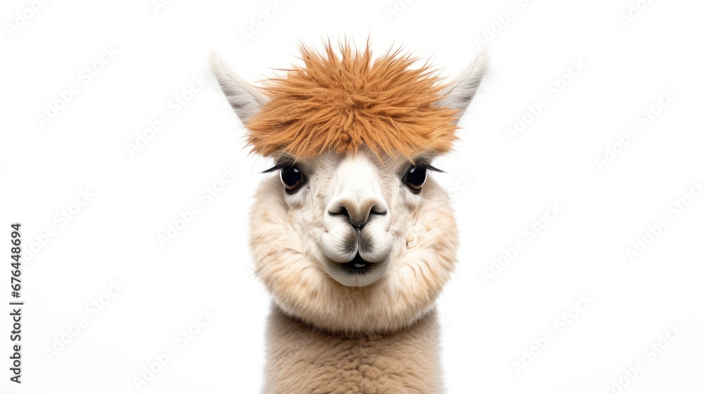 Poster a close up of a llama with a red mohawk on it's head, looking at the camera. generative ai