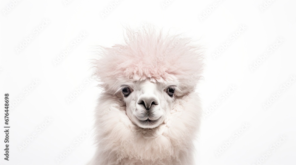 Aufkleber a white alpaca with a pink mohawk looks at the camera while standing in front of a white background.