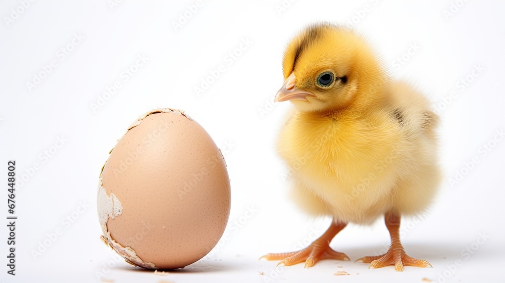 Poster a small yellow chick standing next to an egg on a white background with a cracked egg shell in front