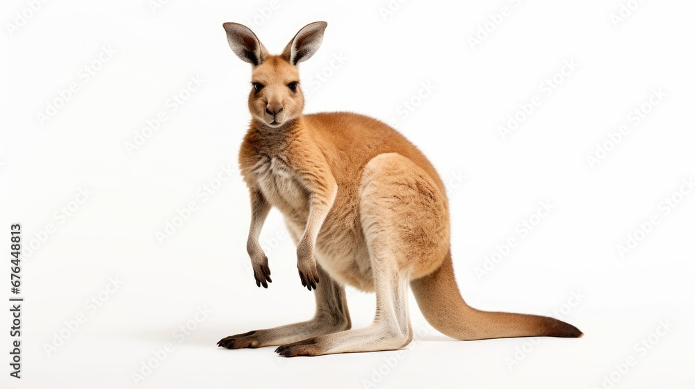 Poster a close up of a kangaroo standing on its hind legs and looking at the camera with a surprised look o