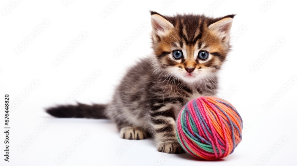 Poster a small kitten playing with a ball of yarn on a white background in front of it's own eyes. generati