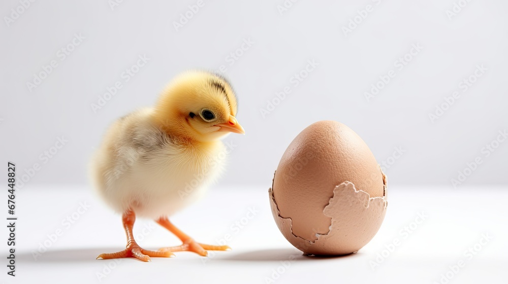 Poster a small yellow chick standing next to an egg on a white surface with an egg shell in front of it. ge