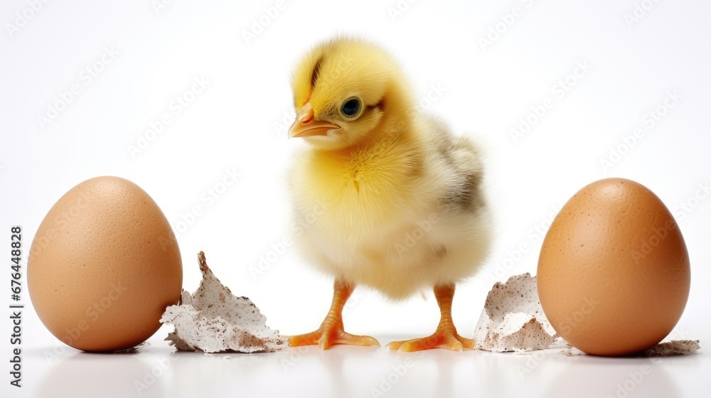 Poster a small yellow chicken standing next to an egg on a white background with an egg shell in front of i