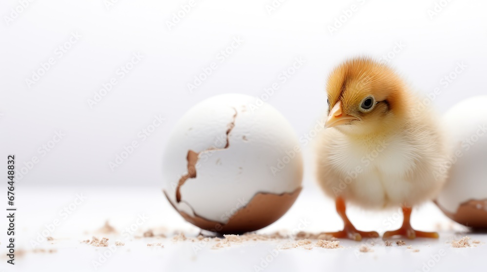 Poster a chicken standing next to two eggs on a white surface with a crack in the middle of the egg shell. 