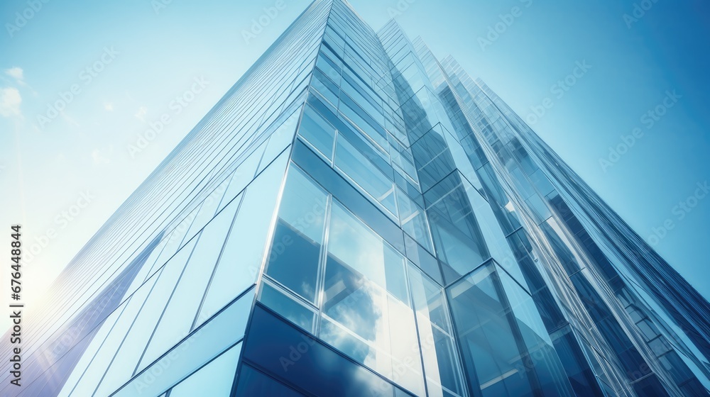 Poster a very tall building with a lot of windows on it's side and the sun shining through the windows. gen