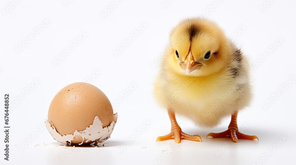 Poster a small chicken standing next to a broken egg on a white background with an egg shell in the foregro