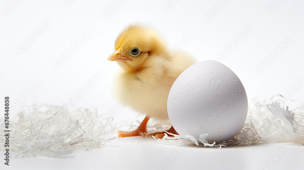 Poster a small yellow chicken standing next to an egg on a white surface with shredded paper around it and 