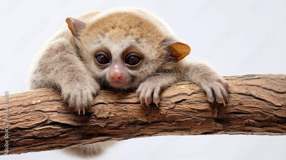 Poster a close up of a small animal on a tree branch with a white sky in the backgrouund. generative ai