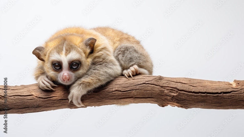 Poster a small monkey sitting on top of a tree branch with it's head resting on the end of a branch. genera