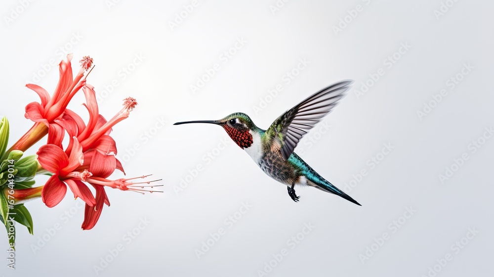 Poster a hummingbird flying next to a red flower on a white background with a hummingbird hovering over the