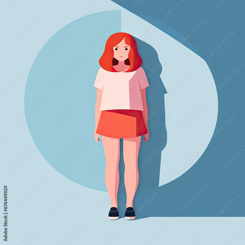 Sticker  a woman with red hair standing in front of a blue wall with a shadow of a half moon on it.  generative ai