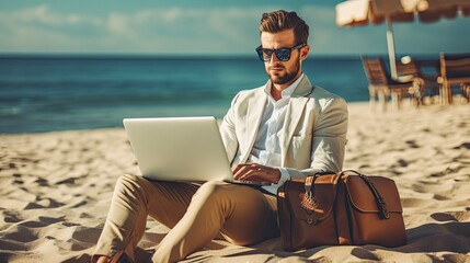Young male on the beach with a laptop, in the style of working from home, digital nomad