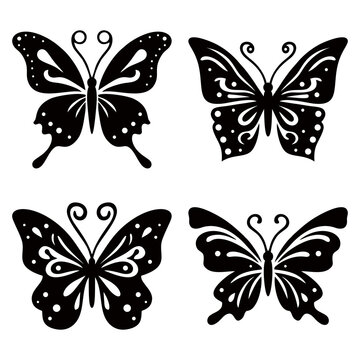 Set of contours of butterflies of different shapes with monarch wings. Silhouette of butterfly. Vector illustration