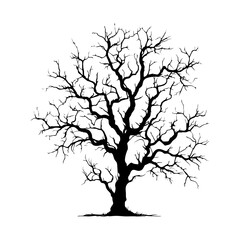 Tree without leaves black silhouette. Black branch tree or naked tree. Forest and garden symbol. Dried tree vector illustration