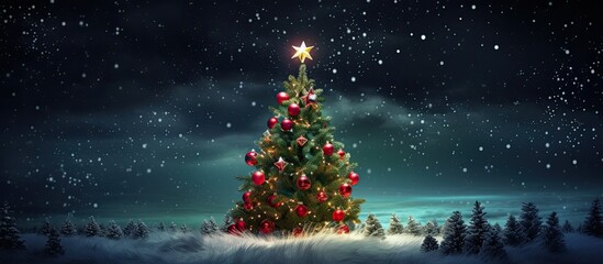 During the winter season an exquisite green Christmas tree adorned with red ornaments and decorated with festive cards fills the air with the joyful celebration of the holiday symbolizing ne