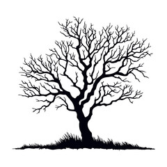 Tree without leaves black silhouette. Black branch tree or naked tree. Forest and garden symbol. Dried tree vector illustration