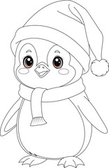 Coloring page a penguin wearing Santa hats and scarves.	