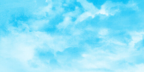 soft and lovely sky blue watercolor background with clouds, Sky clouds with brush painted blue watercolor texture, small and large clouds alternating and moving slowly on cloudy winter morning sky.