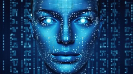 Cyberhumanoid girl robot with blue eyes and binary code represents AI, artificial intelligence and future technology.