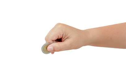 Child or kid hand holding coin isolated with clipping path in png file format Concept of saving...