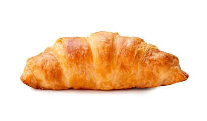 Side view of croissant isolated on white background with clipping path and shadow in png file format.