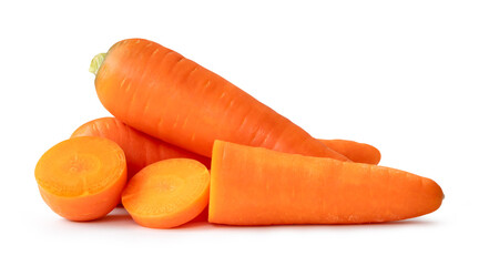 Two fresh orange carrots with slices in stack isolated on white background with clipping path