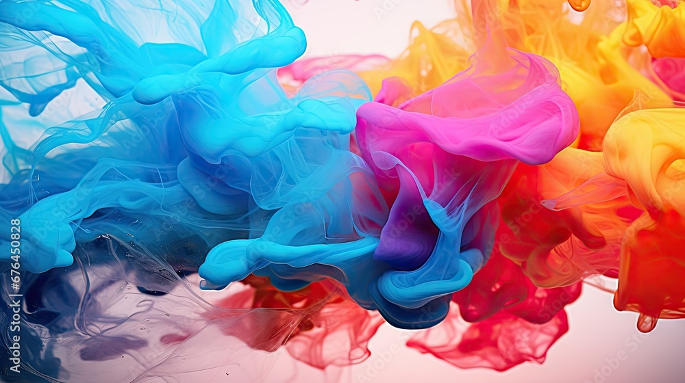Poster a group of multicolored smokes floating in the air on a white background with a blue sky in the back