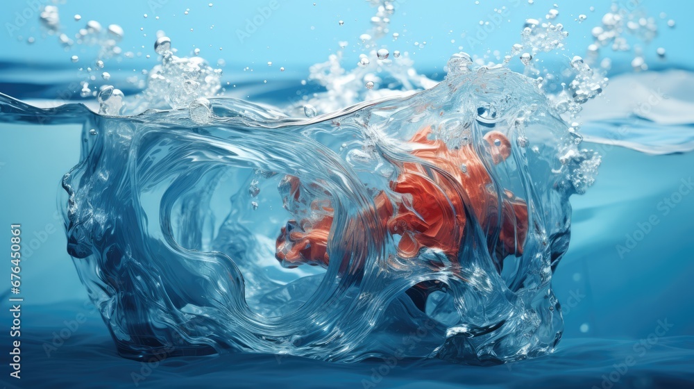 Poster a close up of water with a red object in the middle of the water and a blue sky in the background. g