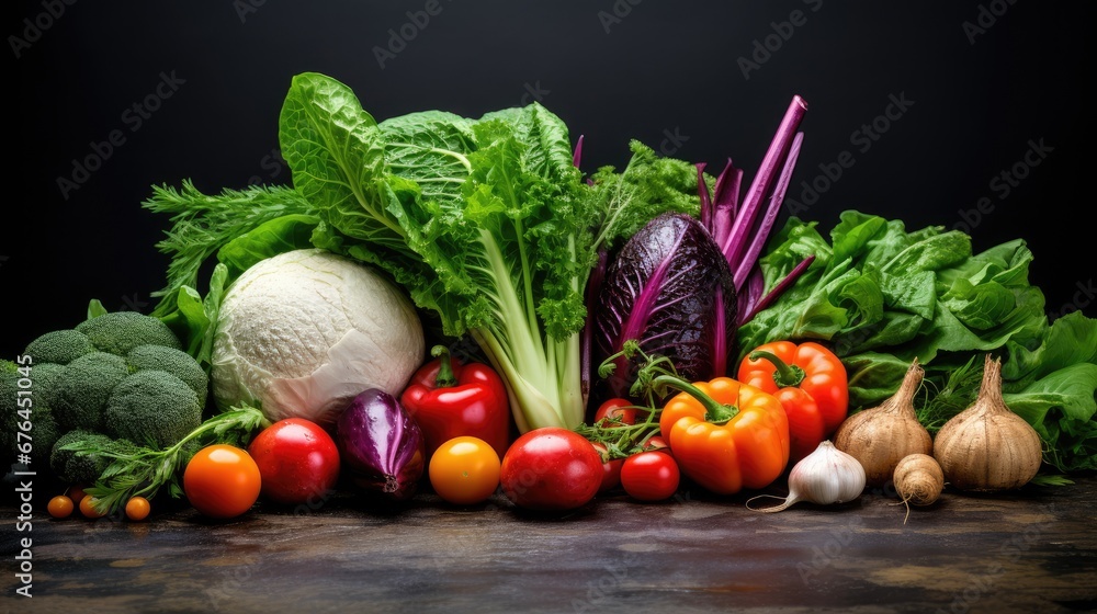 Poster a table topped with lots of different types of veggies next to a pile of garlic and broccoli. genera