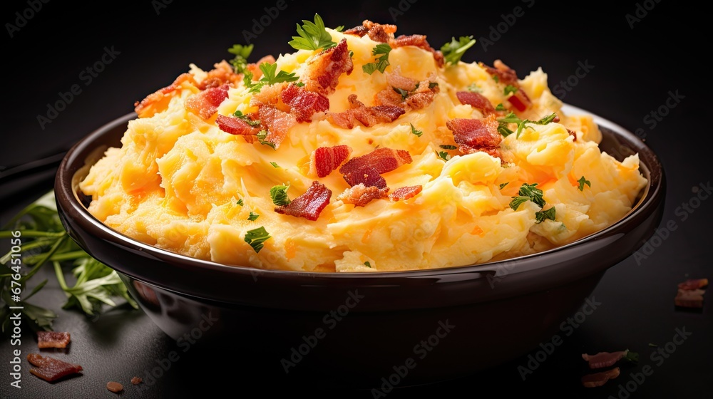 Poster a dish of mashed potatoes with bacon and parsley in a brown bowl on a black surface with a sprig of 