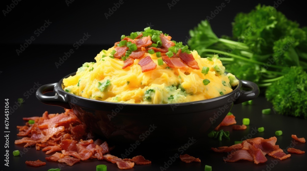 Poster a close up of a bowl of food on a table with broccoli and carrots in the background. generative ai