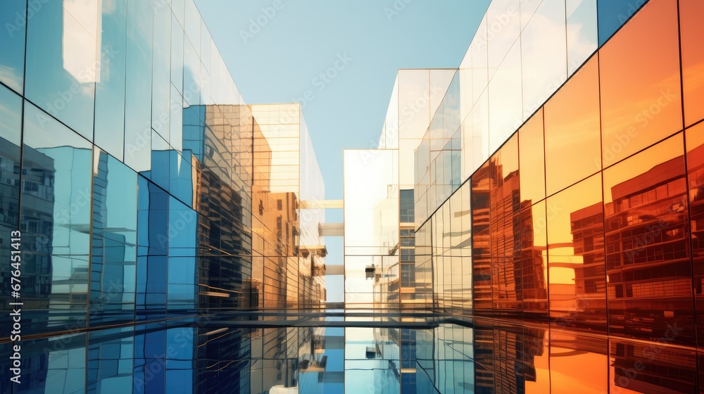 Poster a reflection of buildings in the water of a pool of water in the middle of a city with skyscrapers i