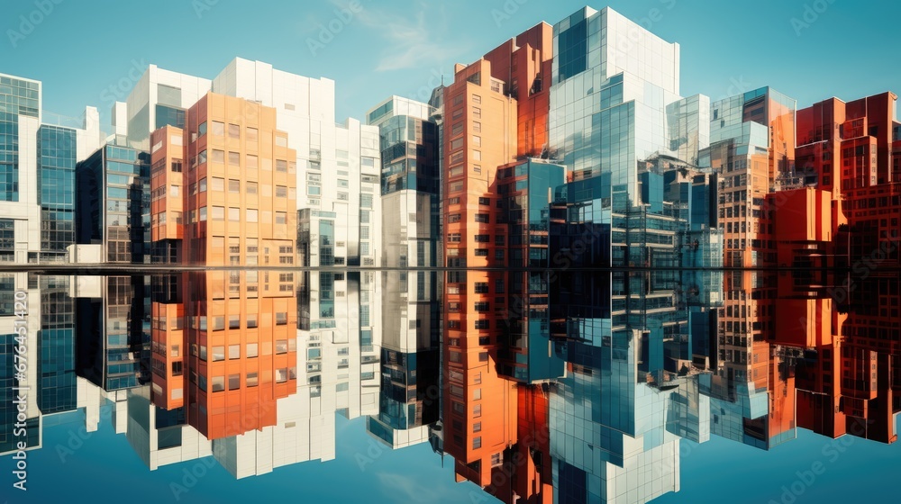 Poster a group of buildings that are next to each other with a reflection of them on the surface of the wat