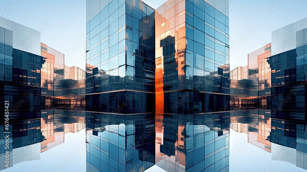 Aufkleber a reflection of a building in a body of water with buildings in the background and buildings in the 