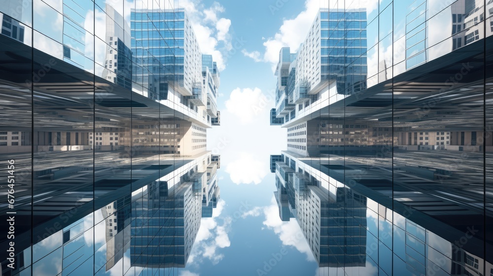 Poster a very tall building with a sky reflection in the middle of the building and a few clouds in the sky