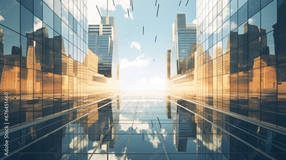 Poster an image of a city with skyscrapers reflecting in the windows of the building across the street is a