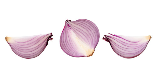 Set of fresh red onion half with slices isolated on white background with clipping path in png file format