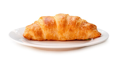 Side view of croissant on white plate isolated on white background with clipping path