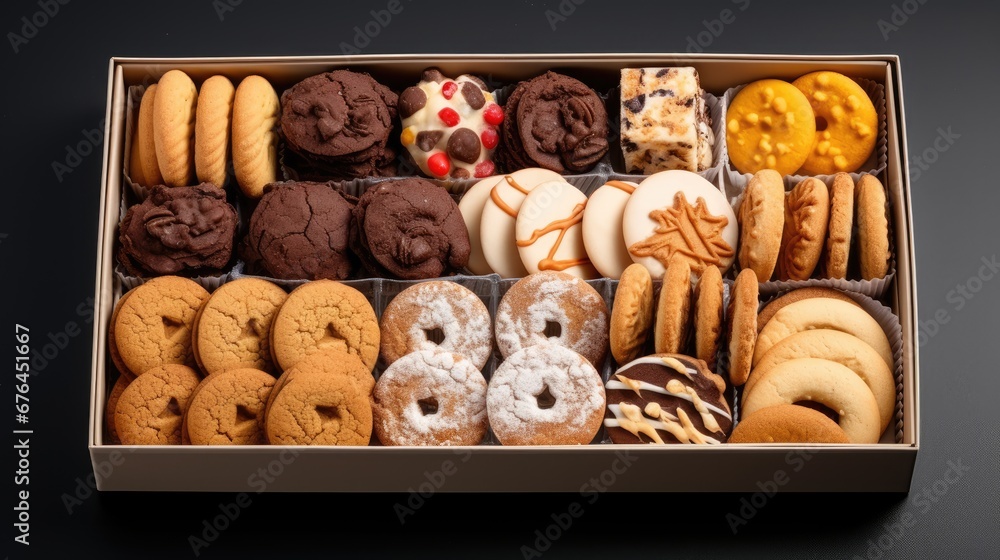 Poster a box filled with lots of different types of doughnuts on top of a black table next to a cup of coff