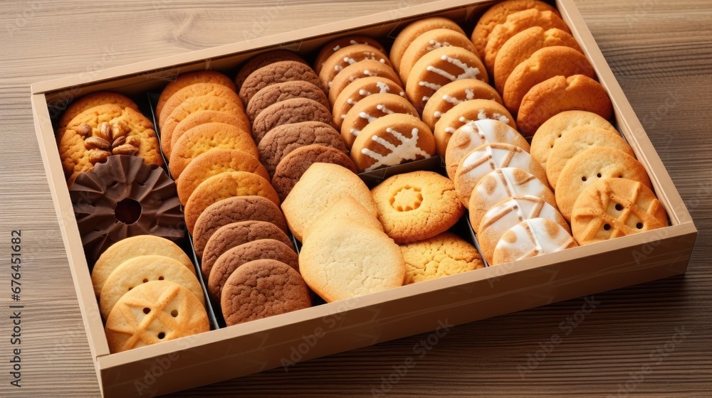 Poster a wooden box filled with lots of different flavored cookies and cookies with frosting on top of each
