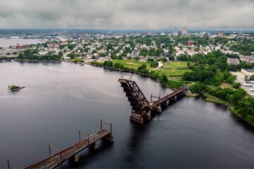 Aerial view of the famous Crook Point Bascule Bridge, a defunct Scherzer rolling lift railway bridge