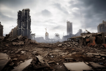 War-torn, post-apocalyptic cityscape with dilapidated buildings and desolate atmosphere under ominous skies.