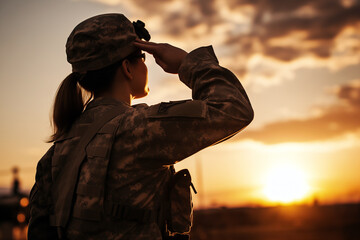 Silhouetted soldier saluting during sunset, embodying respect, military honor, and patriotism in a serene evening backdrop.