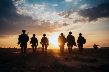 Fototapeta na wymiar Backlit figures of a military squad and aircraft at dusk symbolize unity and preparedness in a mission setting.