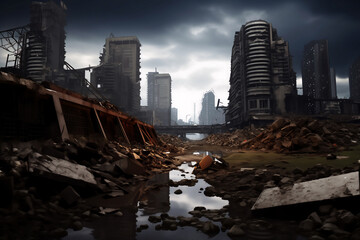 War-torn, post-apocalyptic cityscape with dilapidated buildings and desolate atmosphere under ominous skies.