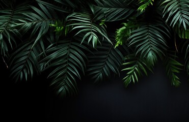 Fototapeta na wymiar Close-Up of Tropical Palm Leaves on a Dark Background, Perfect for Design Projects with a Jungle Theme