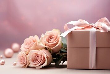 Pink Roses and Gift Box on a Pink Background: A Symbol of Love and Celebration