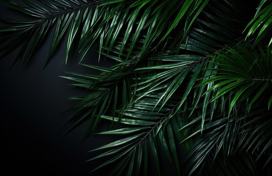 Close-Up of Tropical Palm Leaves on a Dark Background, Perfect for Design Projects with a Jungle Theme