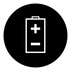 A battery symbol in the center. Isolated white symbol in black circle. Illustration on transparent background